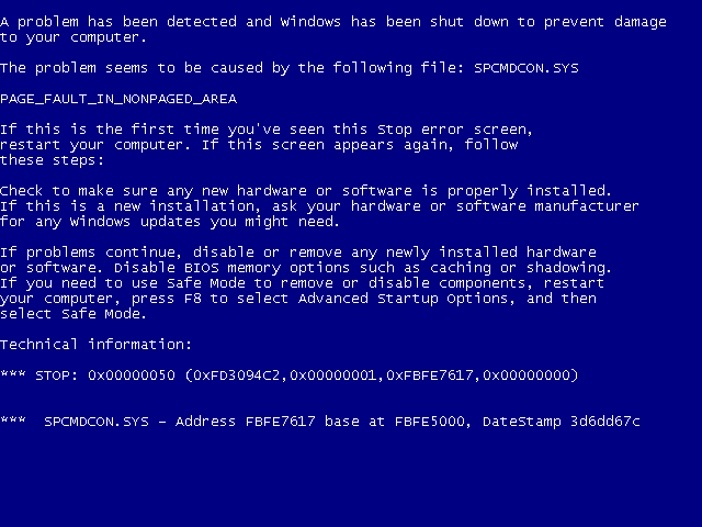 Blue Screnn of Death (Schermo blu della morte) di Windows XP
